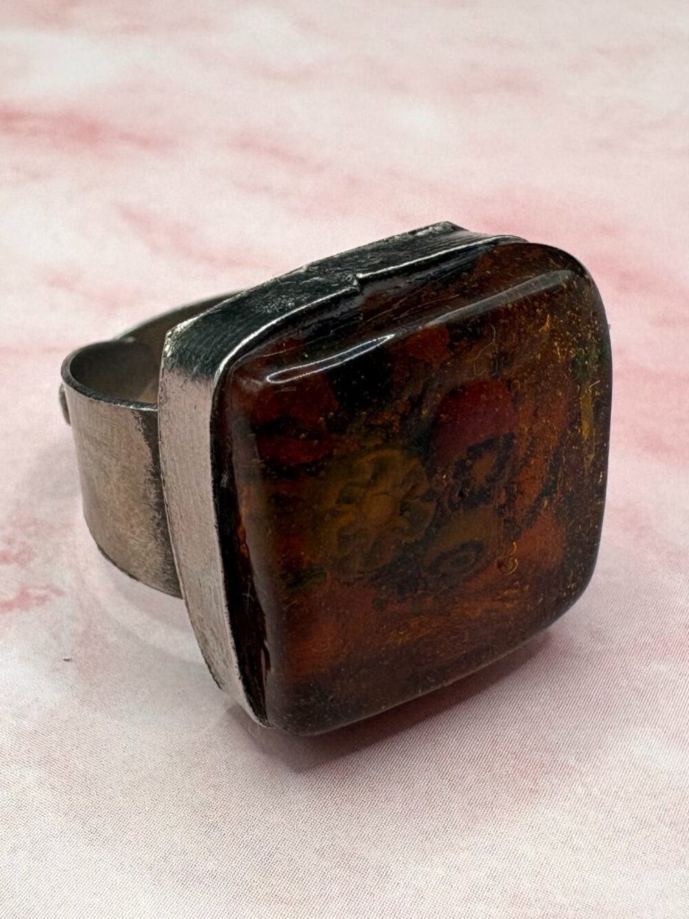 Vintage Amber Fused Glass Ring Adjustable Wide Band Murano Style Millefiori Mode
